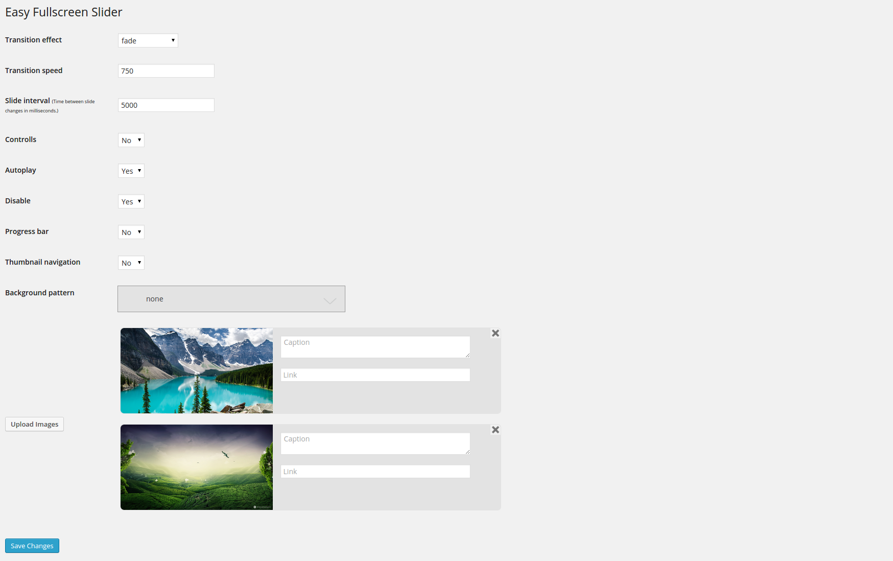 Plugin default settings Settings->Easy Fullscreen Slider