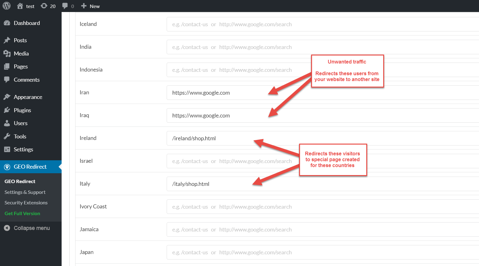 Redirect settings page