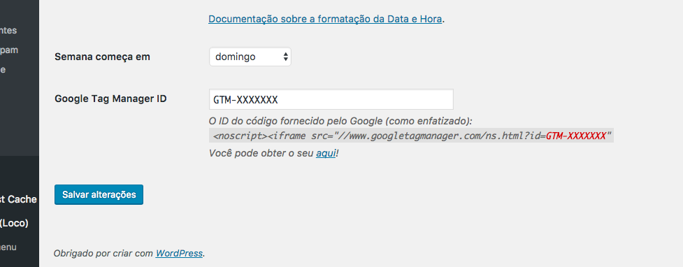 `Geral` e configure a ID da sua conta do Gerenciador de Tags do Google.
