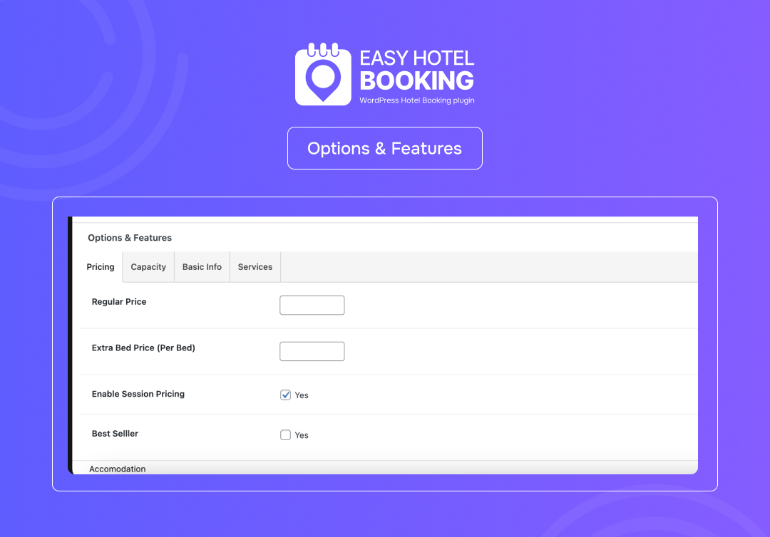 **Extra Options** - Room extra options