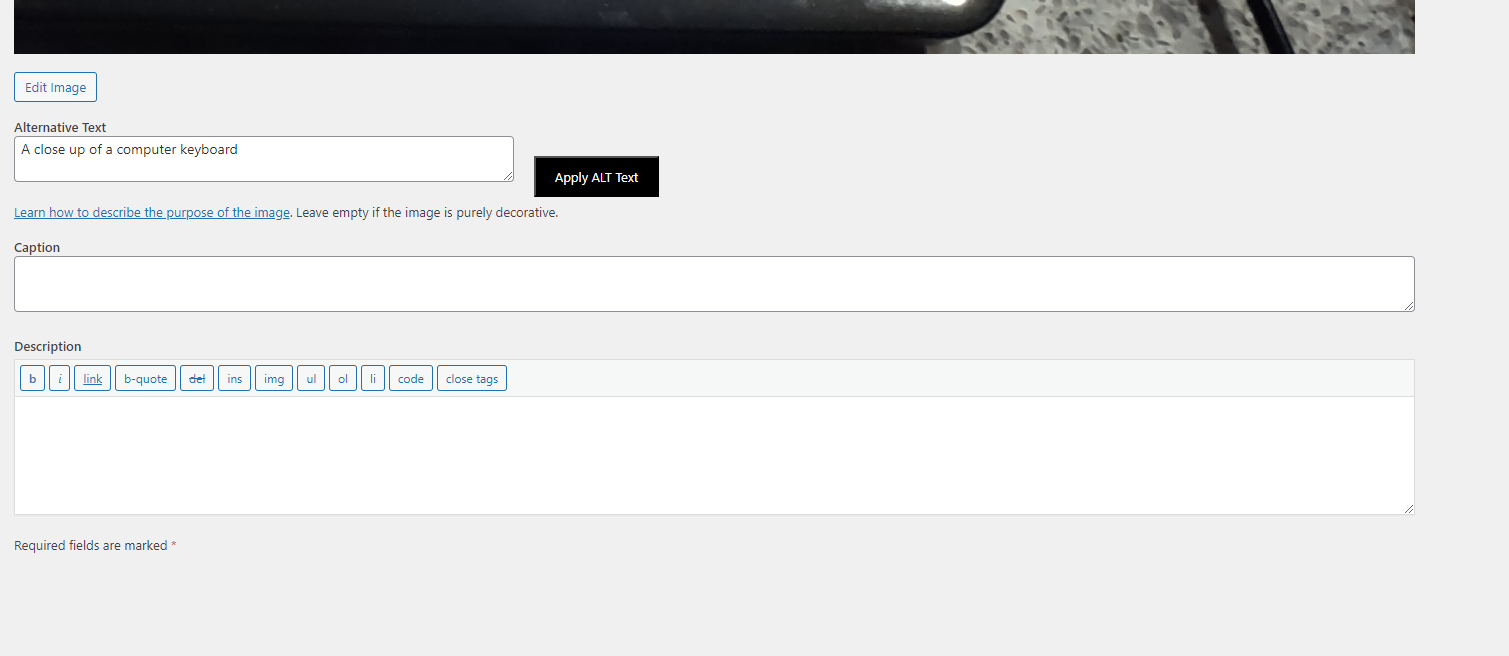 Use AI to easily apply alt text to images from the image editor screen or while inserting an image into website content.