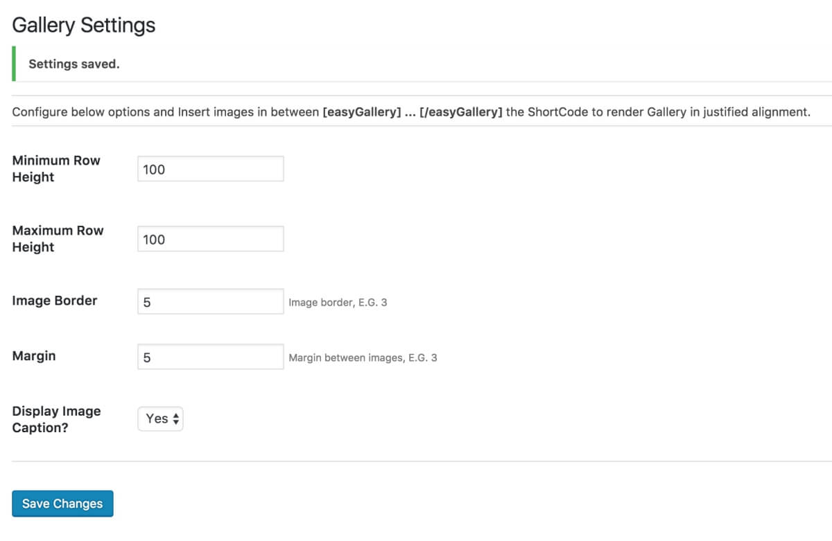 Gallery settings: Add/edit/delete gallery images, change margin between images, define row height