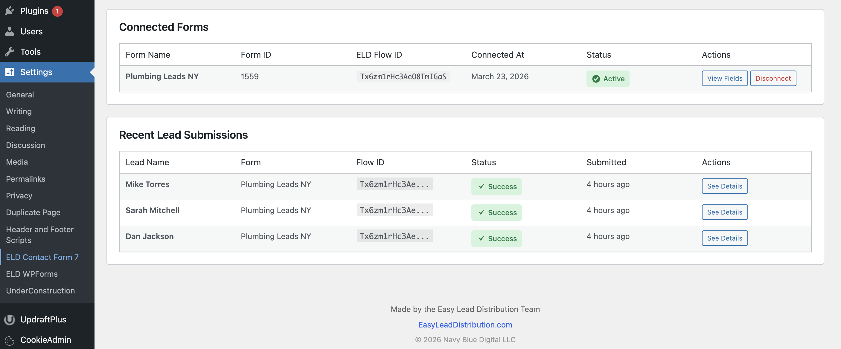 Connected forms and recent lead submissions - Track your lead distribution