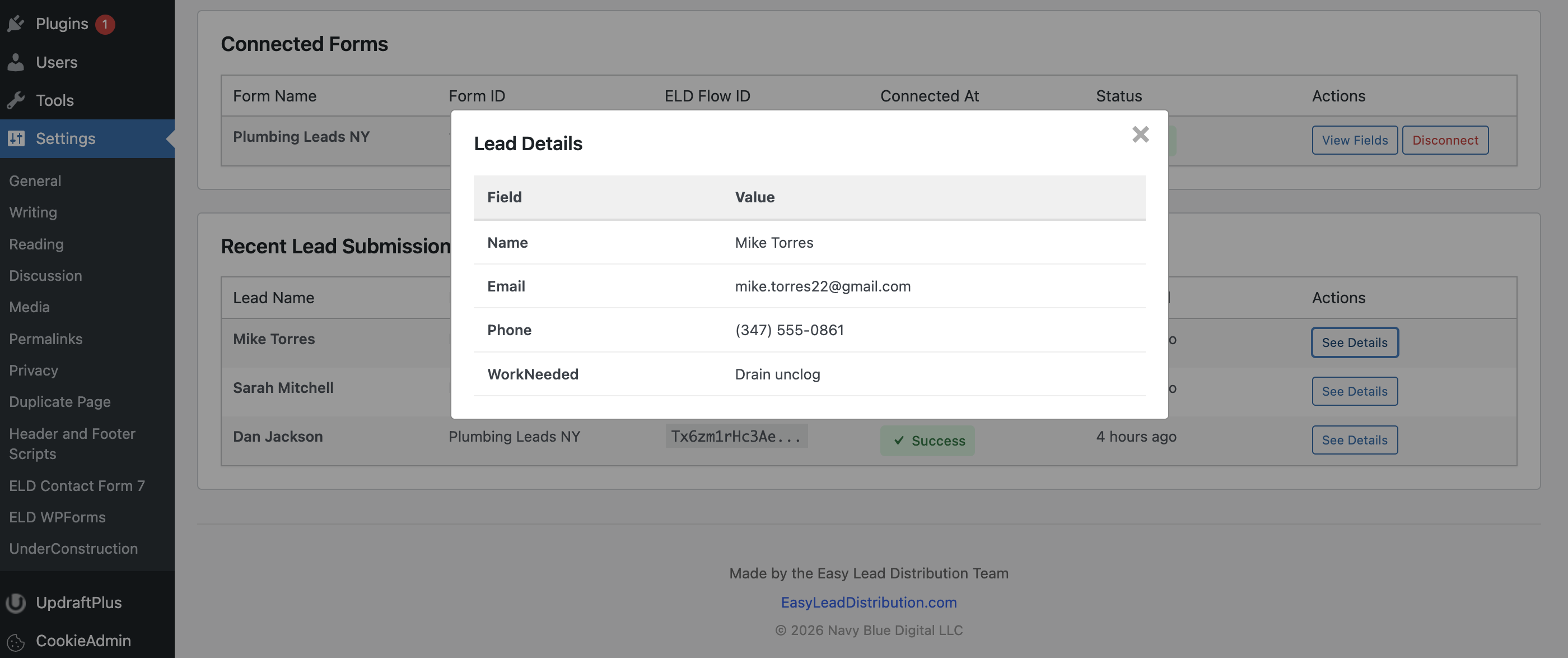 Lead details modal - View full lead data for each submission