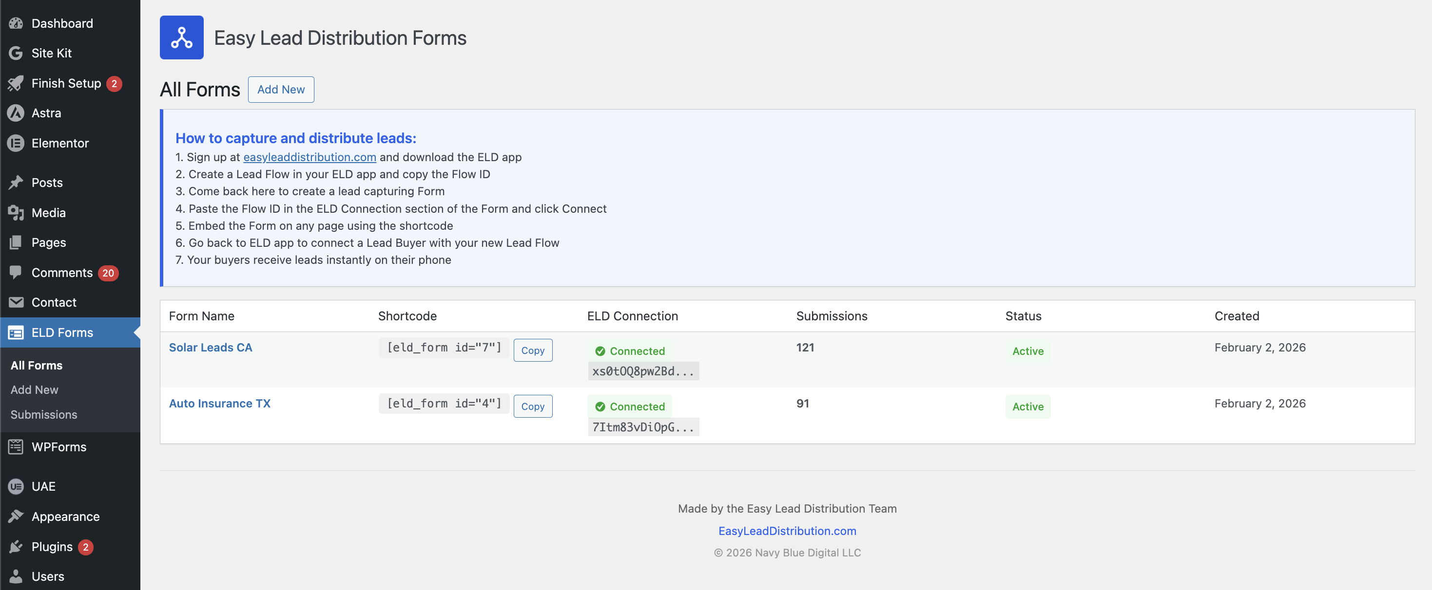 Forms list - Manage all your forms with shortcodes and ELD connection status