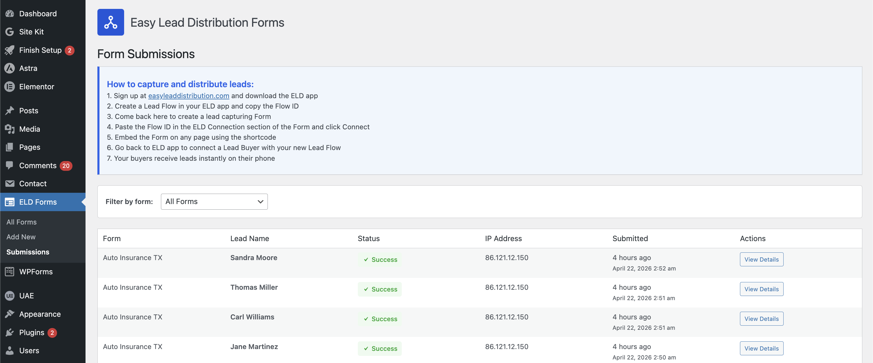 Submissions management - Track all form submissions and lead delivery status