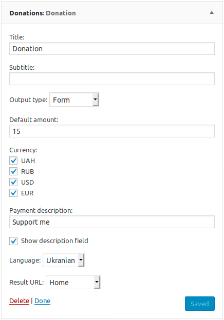 Donate wiget form settings