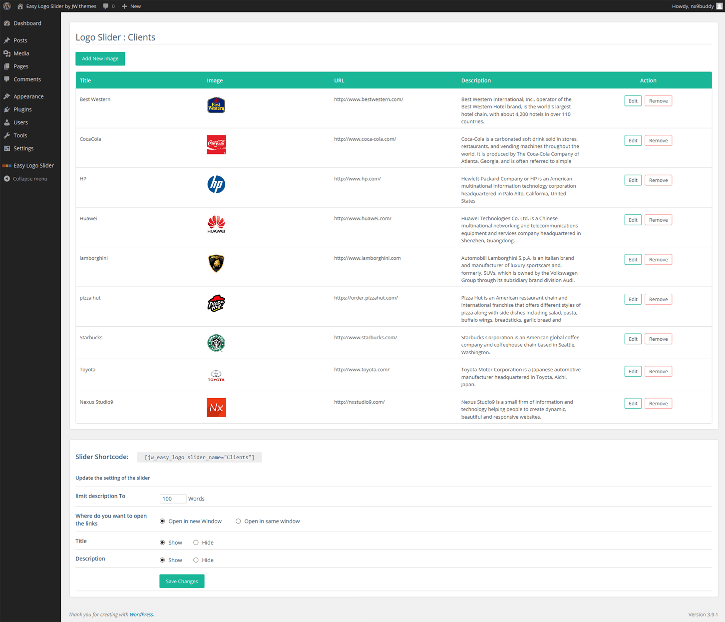 List of added logos and it's details And at bottom part with settings and short-code