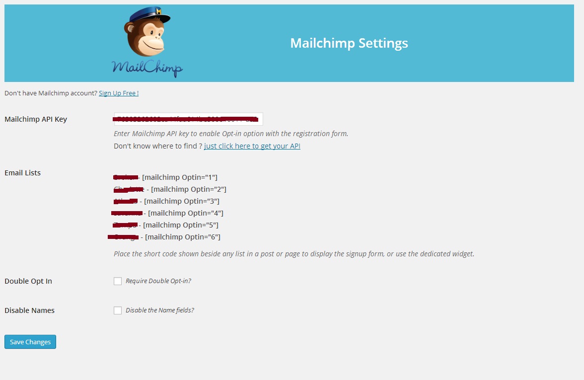 Plugin setting page Settings > mailchimp.