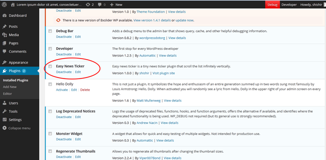 Easy News Ticker Plugin activation.