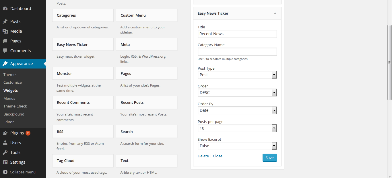 Easy News Ticker Settings in Widget