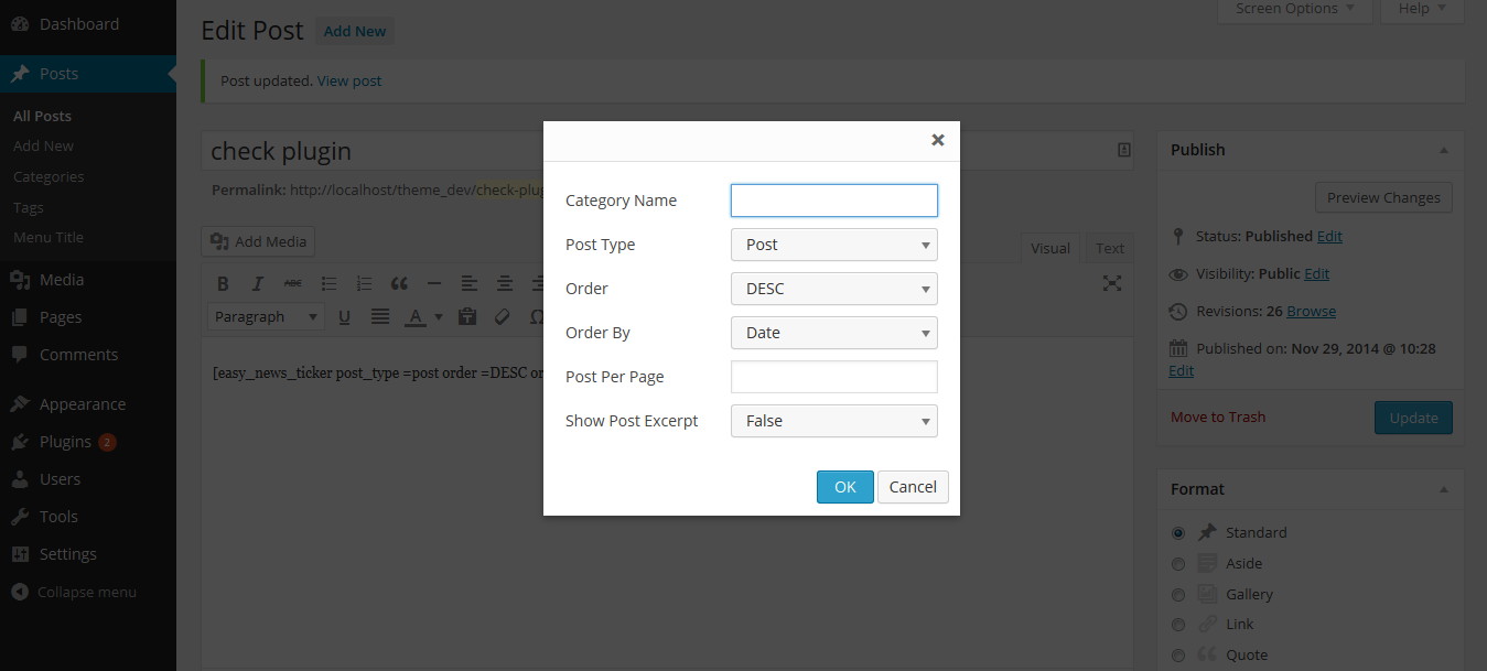 Easy News Ticker shortcode settings' popup window