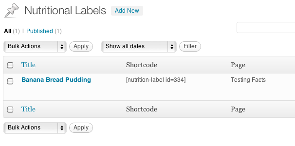 List view in the admin, custom columns for shortcode and the page it is assigned to.