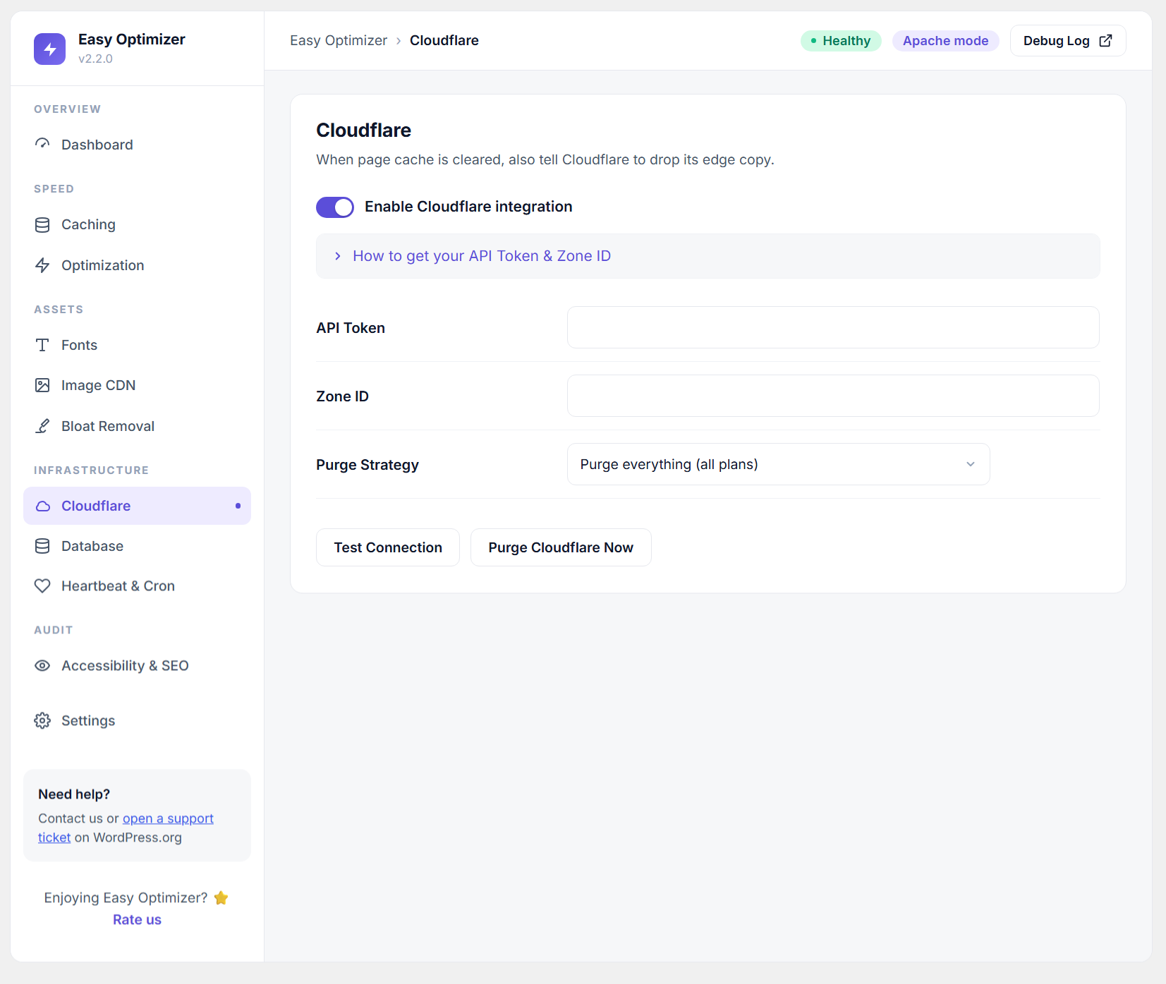 Cache settings — page cache with serving mode selection (PHP or .htaccess), cache lifetime, separate mobile cache, browser caching, Gzip/Brotli, preload toggle and granular exclusion fields.