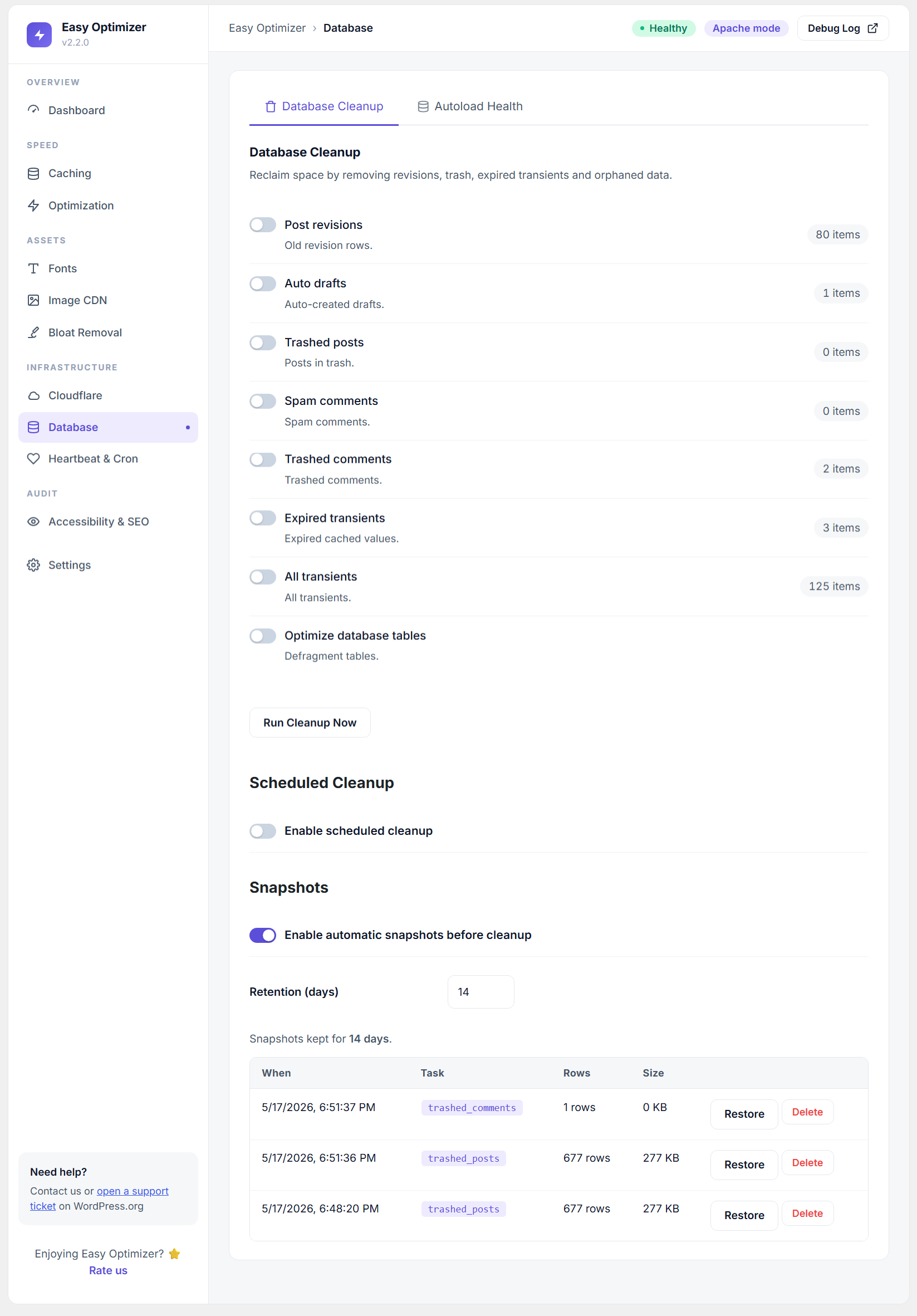 JavaScript optimization — delay until interaction or native defer method, jQuery exclusion, script and URL exclusion lists, inline script externalization.