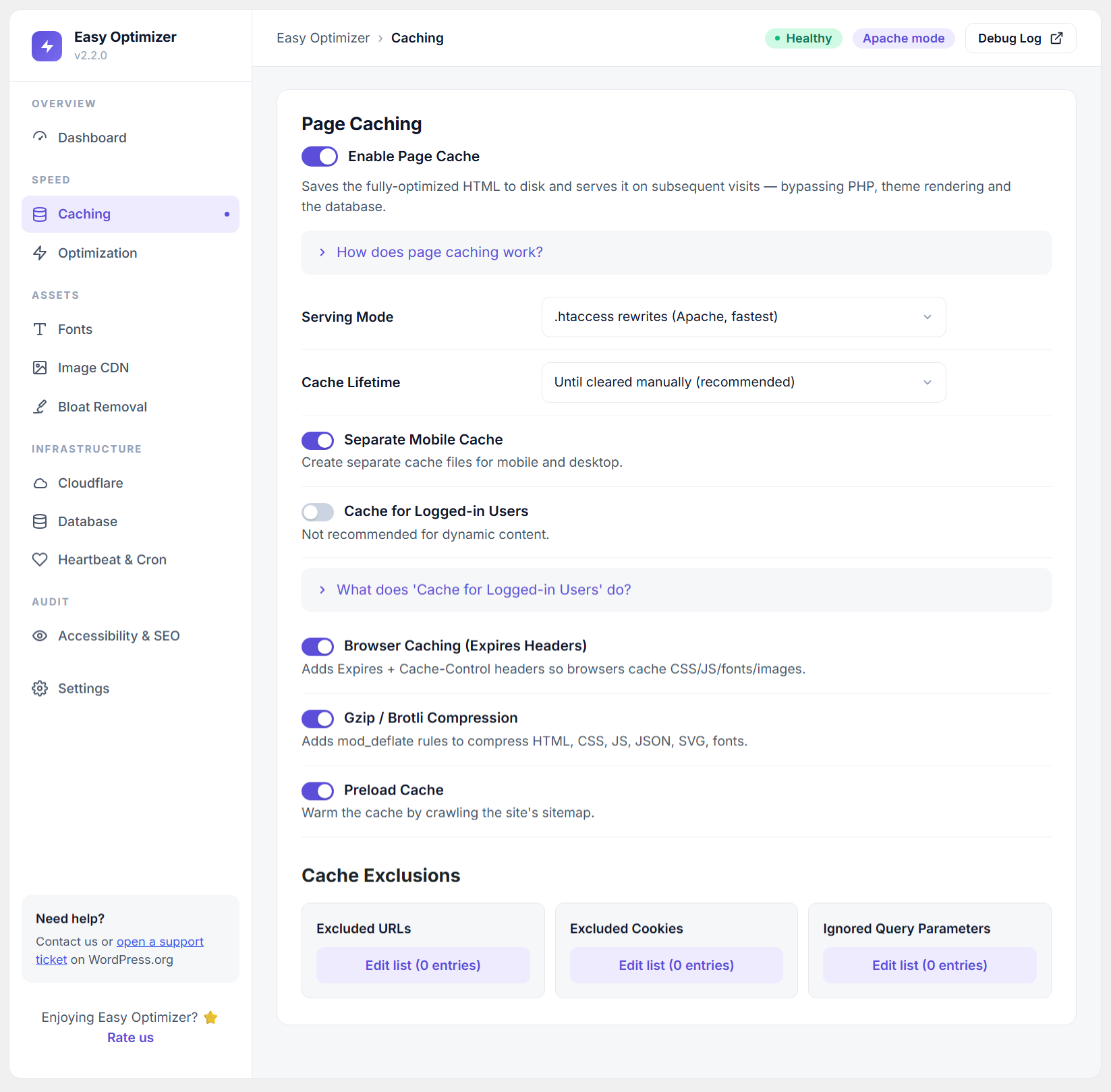 Prefetch pages — speculation rules eagerness, prerender toggle, throttle and limit controls, URL and CSS selector exclusions.