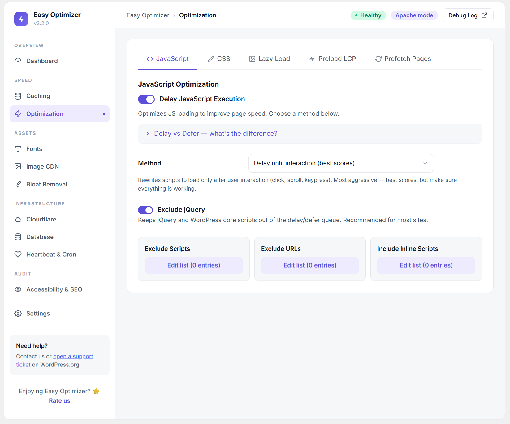 Font optimization — font-display:swap and lazy-load font stylesheets with exclusion support.
