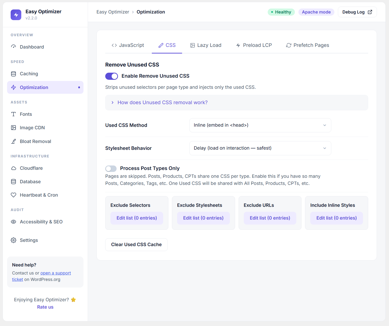 Bloat removal — 15 independent toggles for emojis, embeds, XML-RPC, jQuery Migrate, version meta, RSD/WLW, shortlinks, RSS, self-pingbacks, REST API, Heartbeat, cart fragments, App Passwords, Dashicons and Block Library CSS.