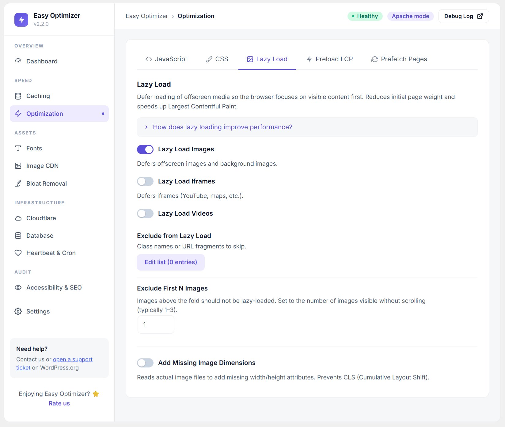 Cloudflare — API token and zone ID with test connection button, purge strategy selection.