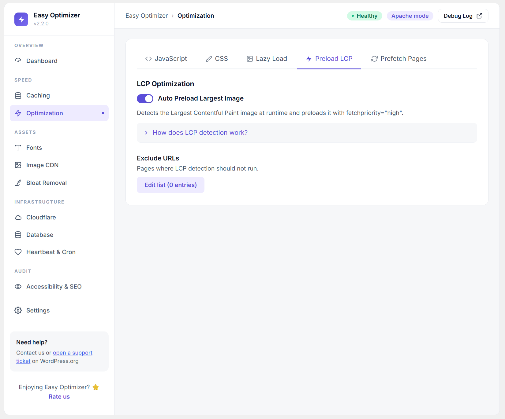 Database cleanup — task toggles with item counts, scheduled cleanup, snapshot and restore, chunked processing.