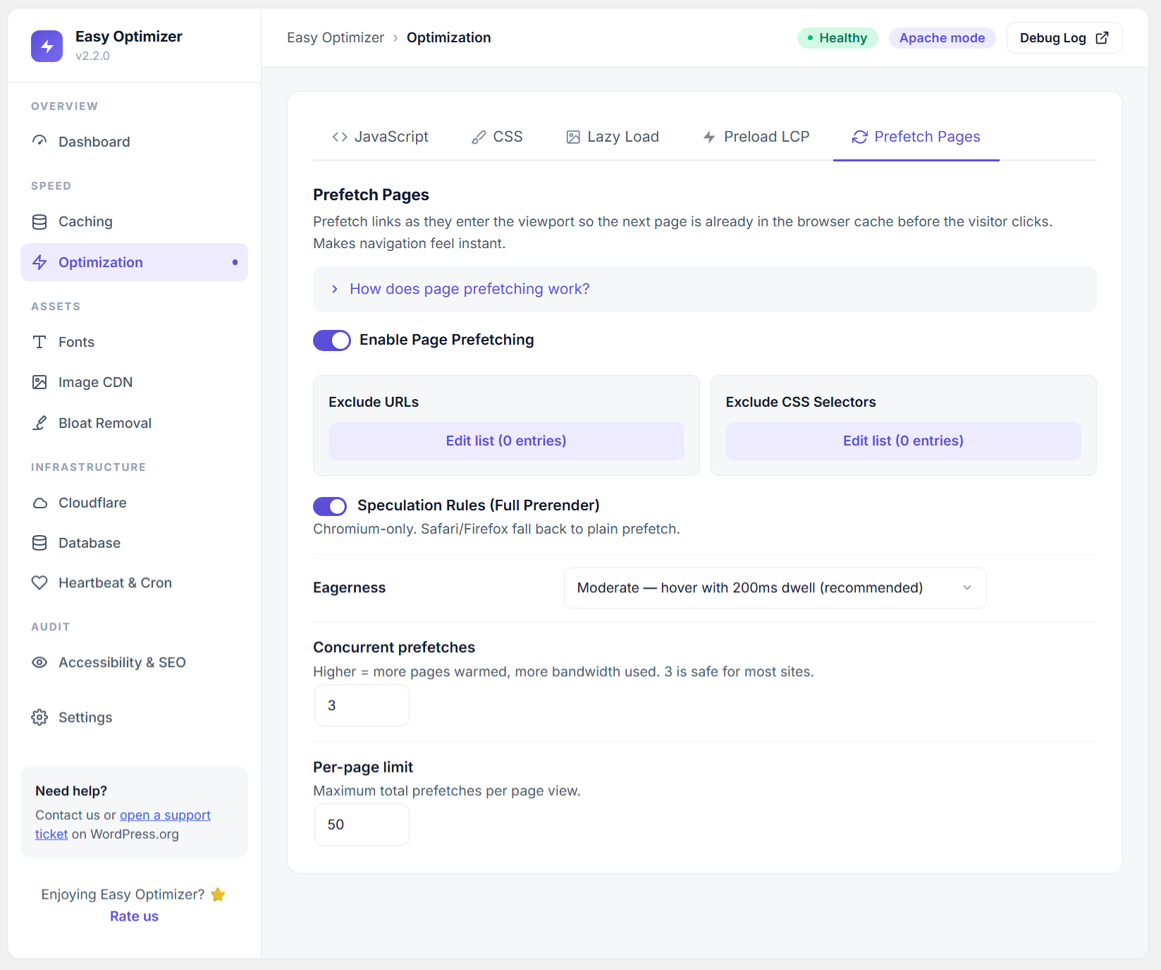Autoload health — total autoload size, per-option size breakdown, one-click autoload disable/enable with core option protection.