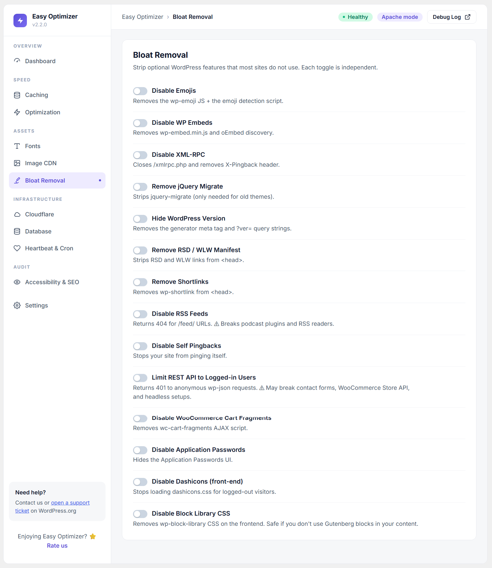 Accessibility & SEO — eight accessibility audit toggles and two SEO audit toggles with clear Lighthouse audit descriptions.