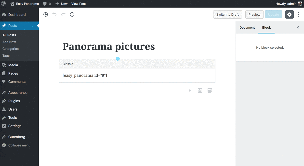 How to transform [easy_panorama] shortcode into block