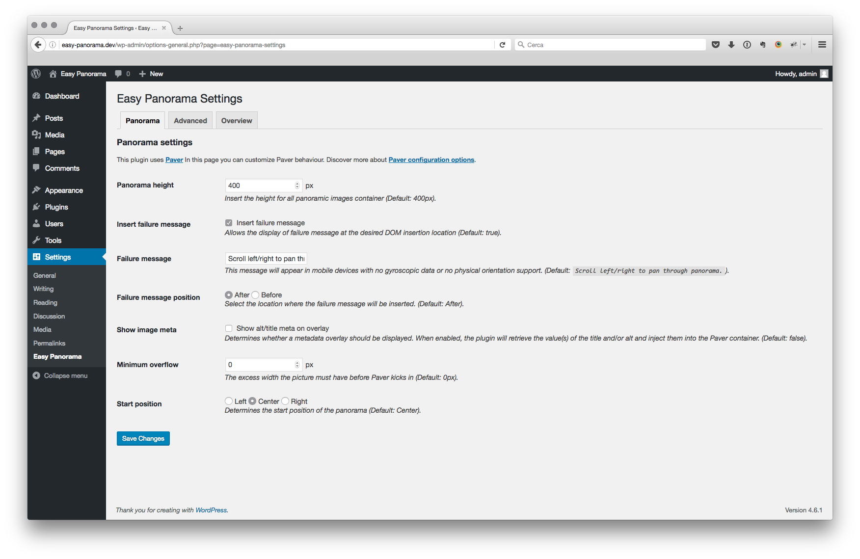Easy Panorama settings page