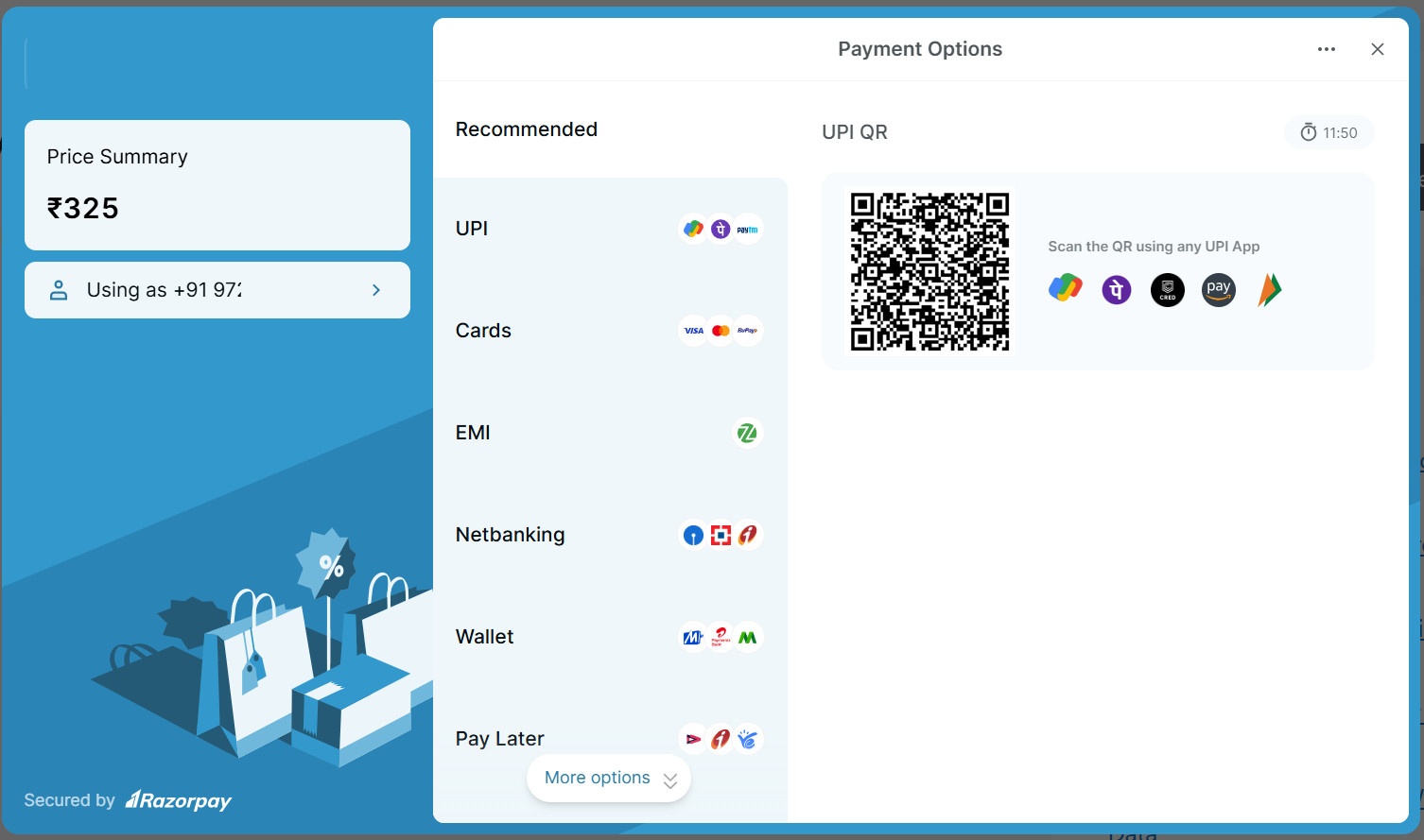 Checkout Page with Razorpay Payment Option – Customers can choose UPI, Cards, Net Banking, or Wallets.