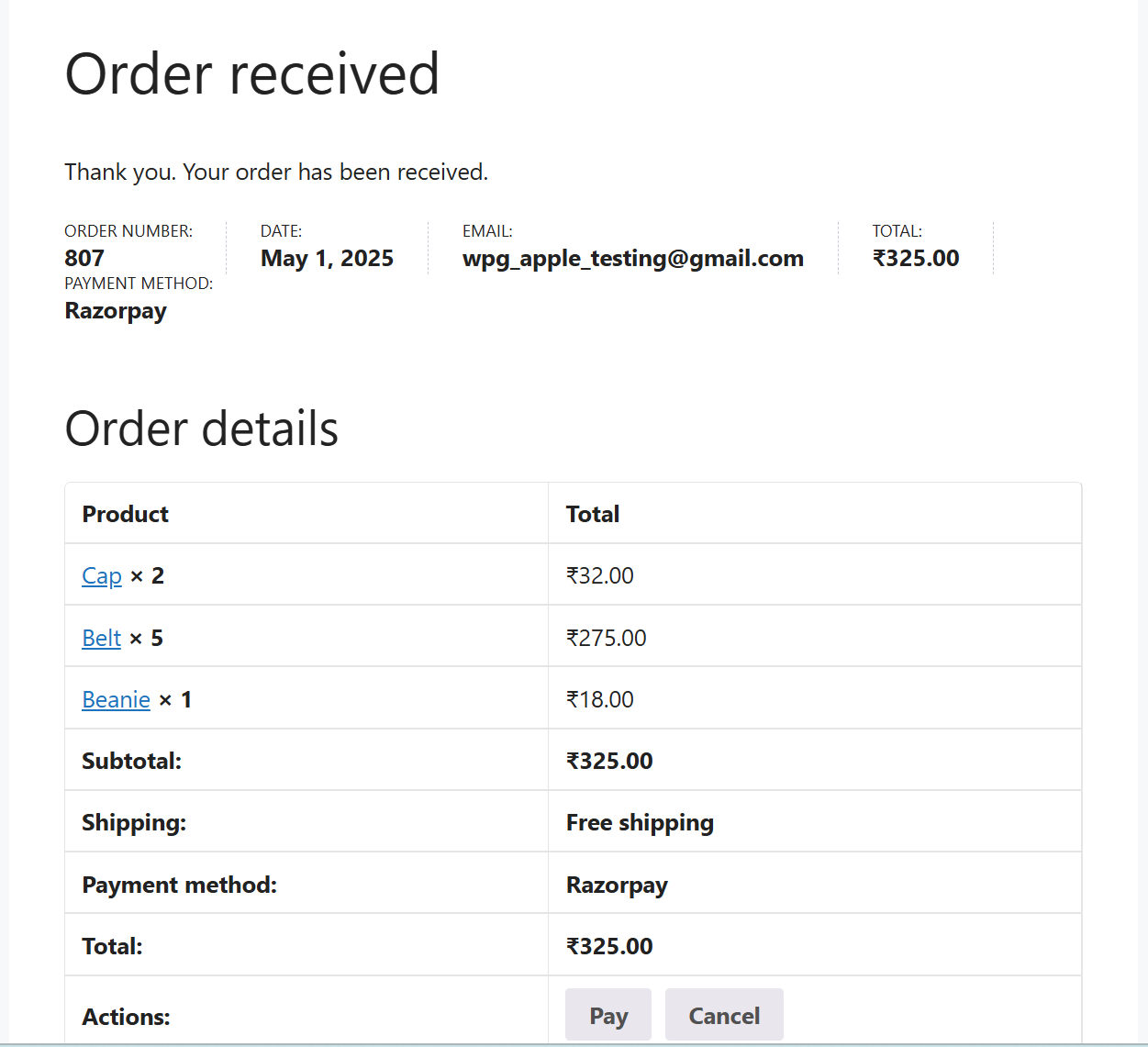 Order Confirmation Page – Payments are processed instantly.