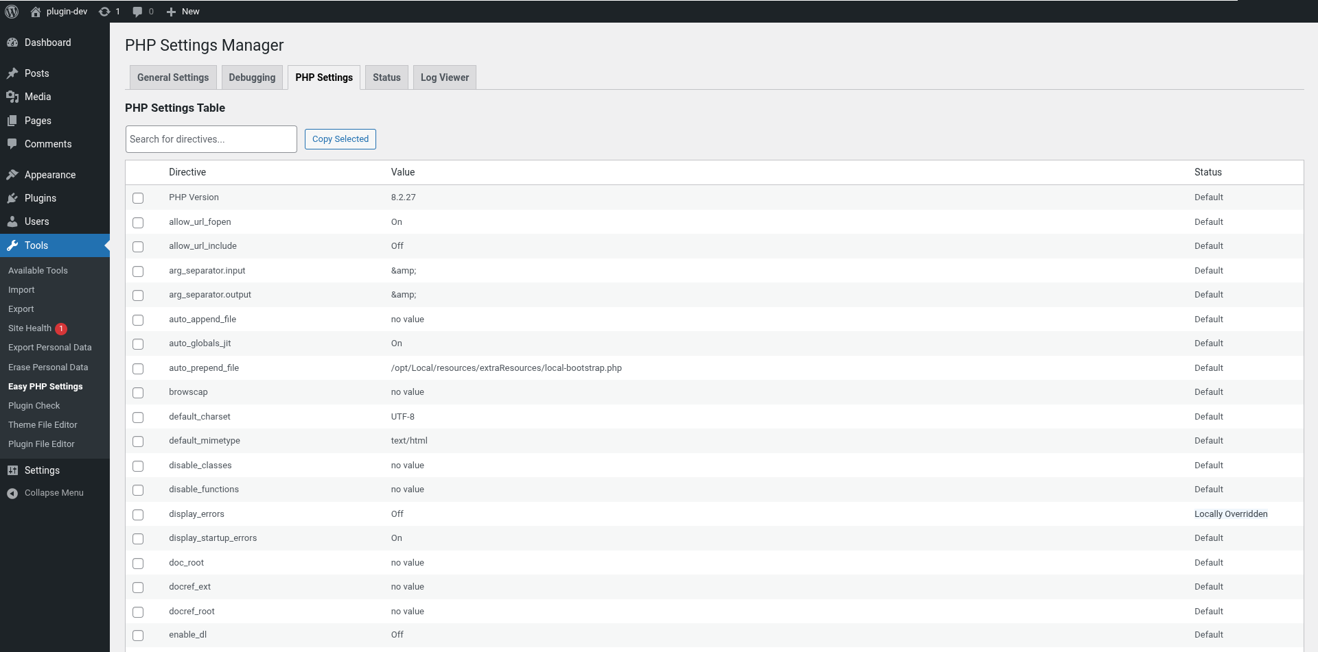 The Status tab, showing live PHP values and server environment details.