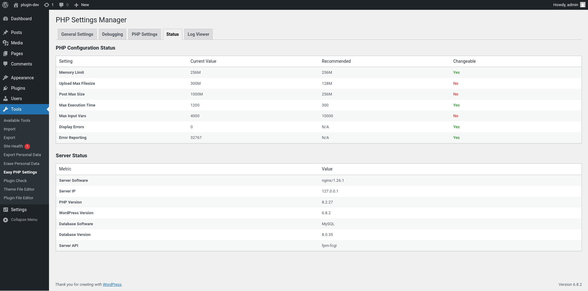 The Debugging tab, with toggle switches for WordPress debugging constants.