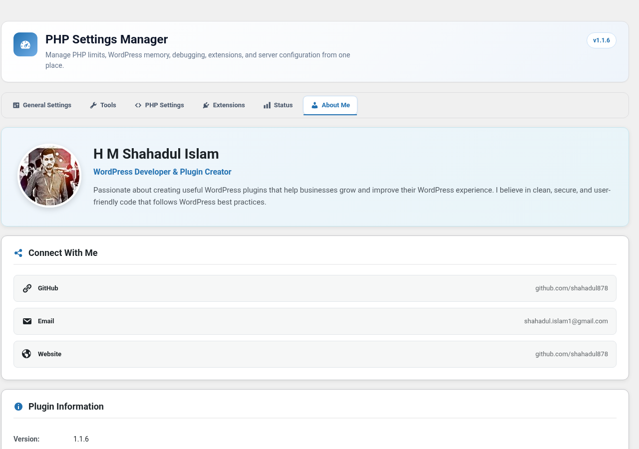 About — Plugin information, author details, and support links.