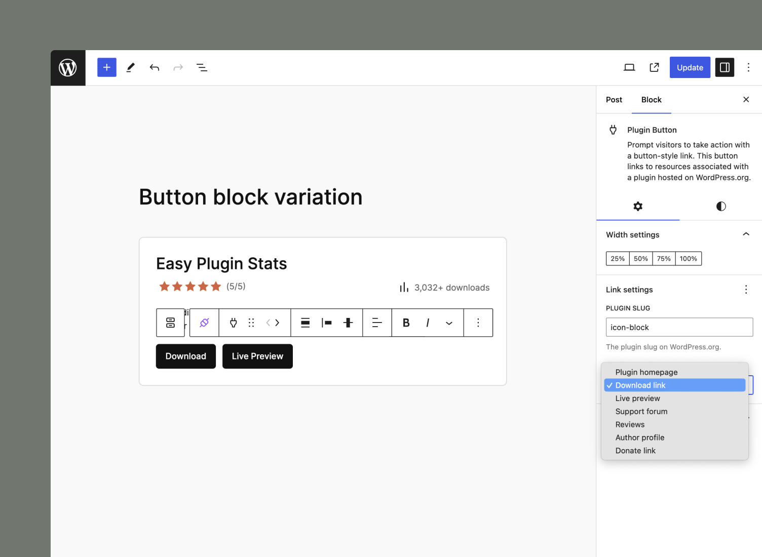 A screenshot of the Plugin Button block variation in Editor, which is connected to the Easy Plugin Stats download link.