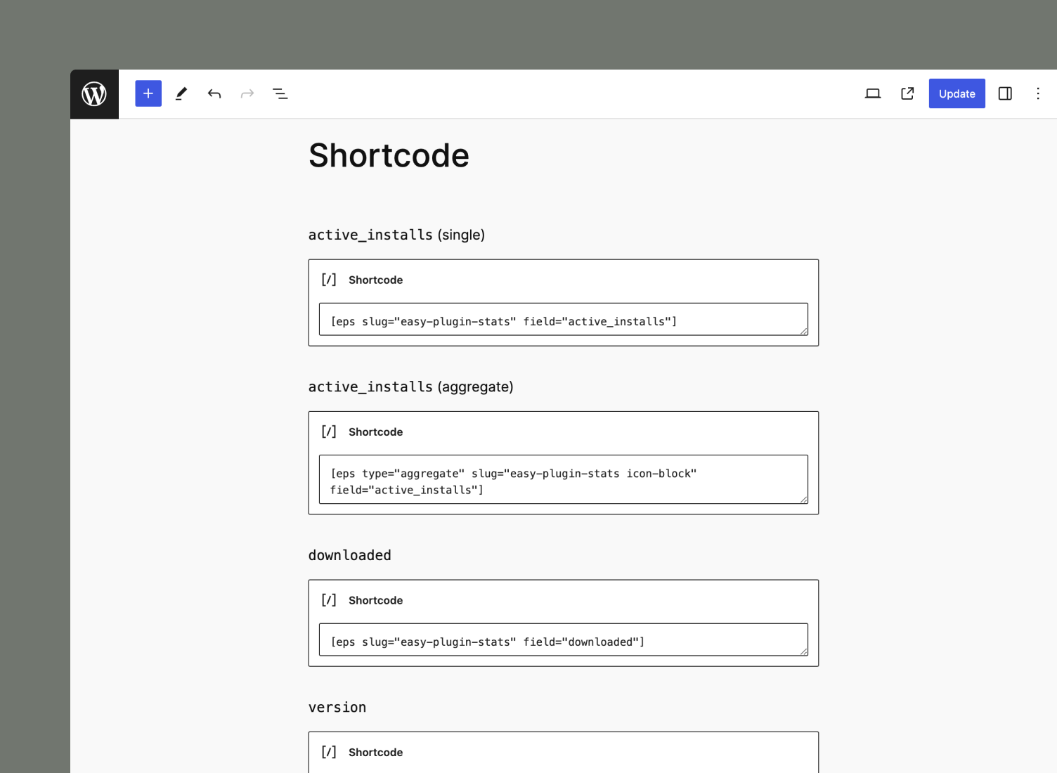 A screenshot of the shortcode implementation in the Editor.