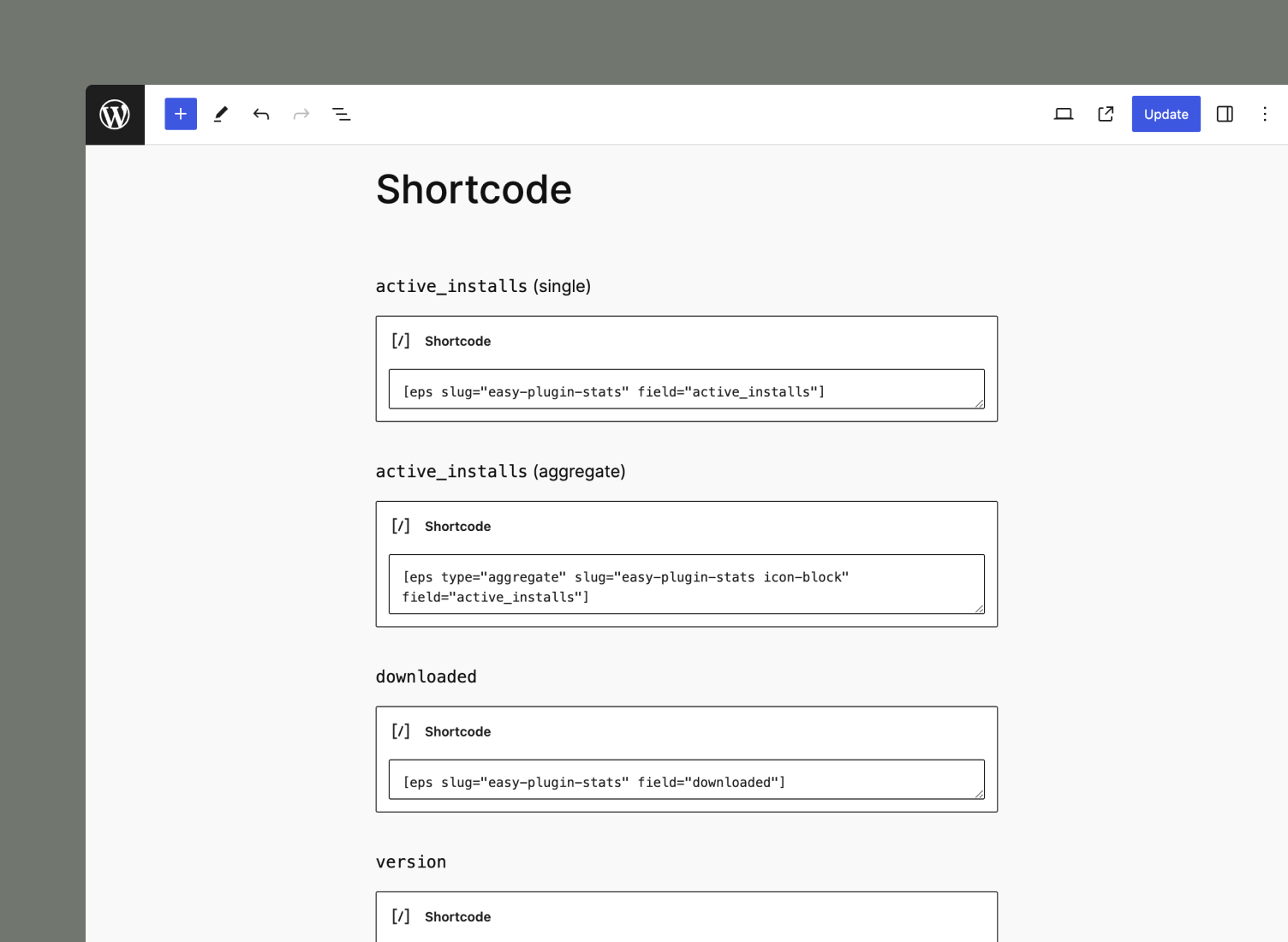 A screenshot of the frontend, which shows the output of the sample shortcodes in the first screenshot.