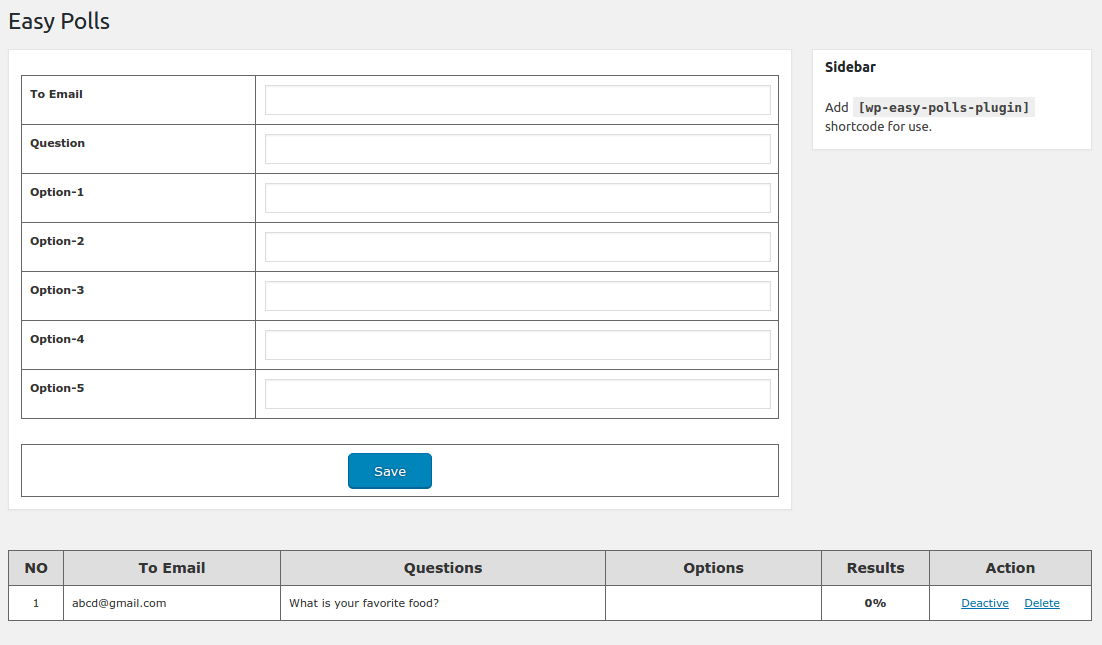 Admin back end to save Easy Polls form screenshot.