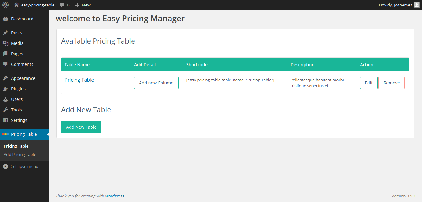 List of Easy Pricing Table and Button to add new Table