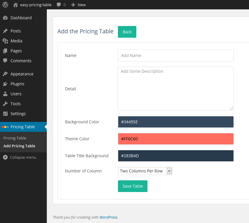Form to add new Easy Pricing Table