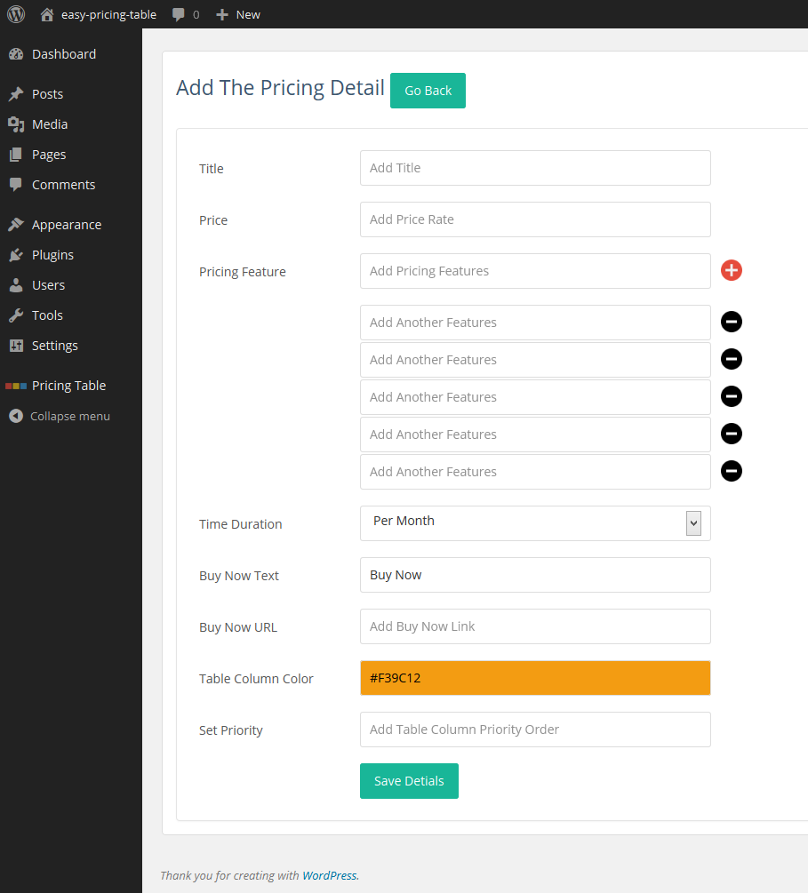 Form to Add new columng and data to Easy Pricing Table