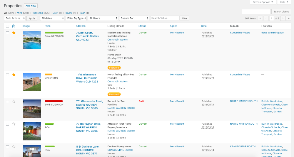 Admin view of Property listing type