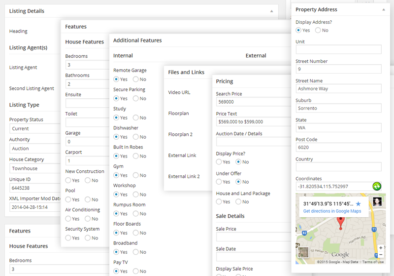 Custom fields configured for a Property Listing type