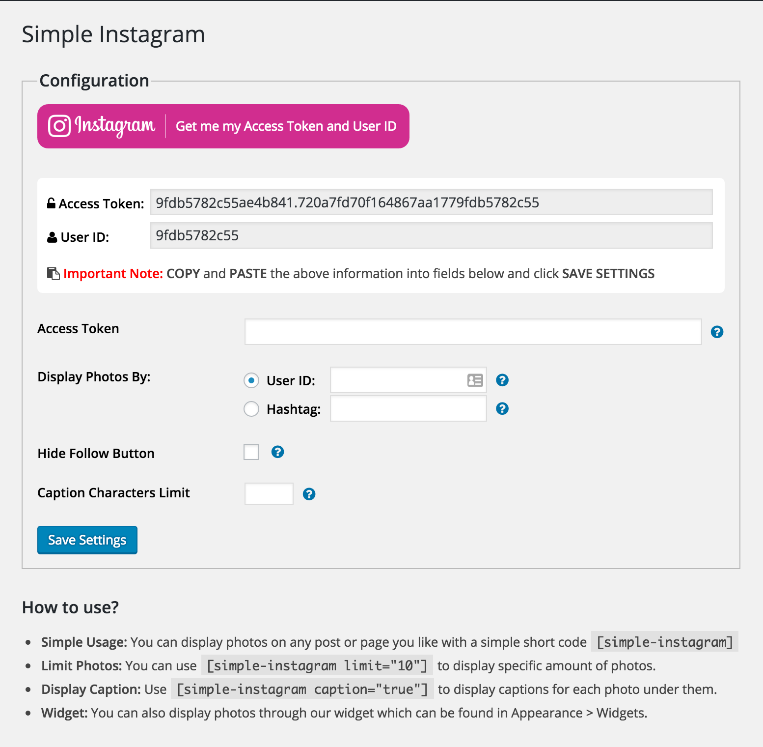 Getting Access Token and User ID by clicking the "Get me my Access Token and User ID" button.