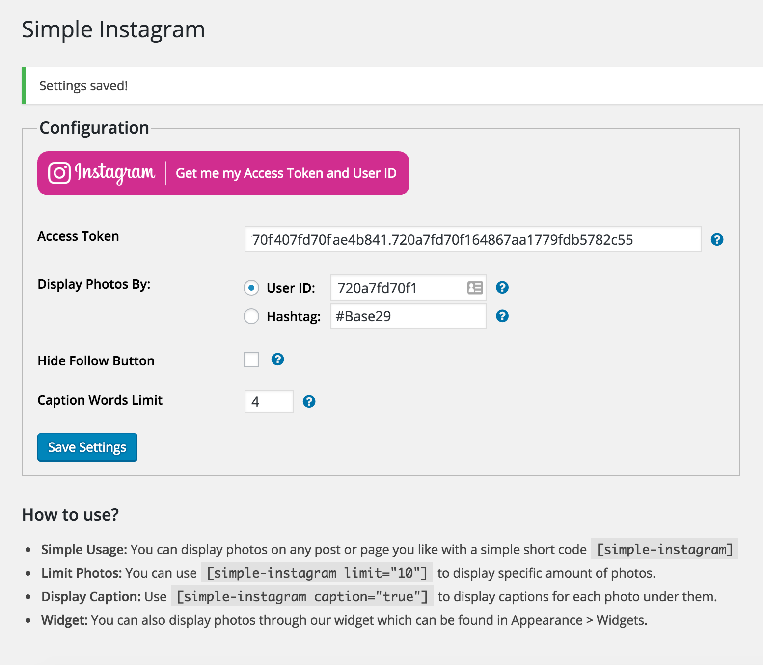 Adding the Access Token, User ID and Hash Tag to the required fields.