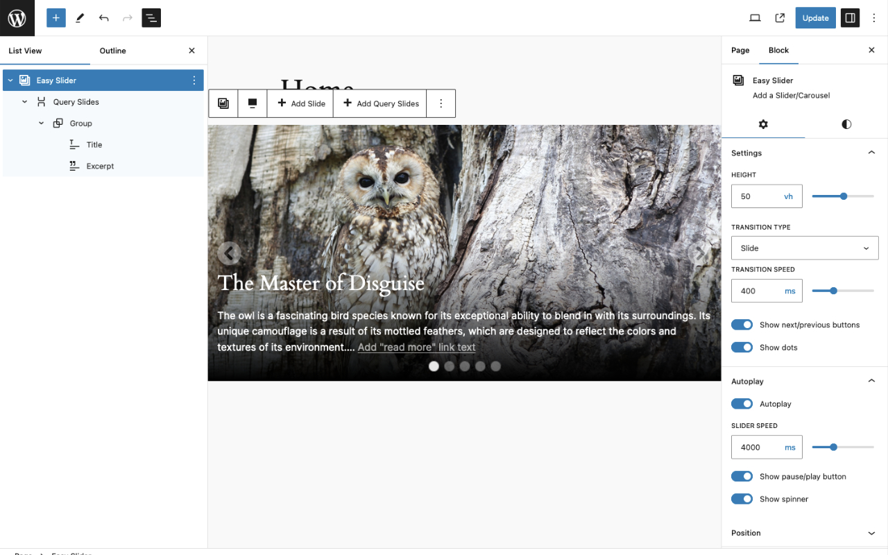 Design your slides with standard gutenberg blocks.