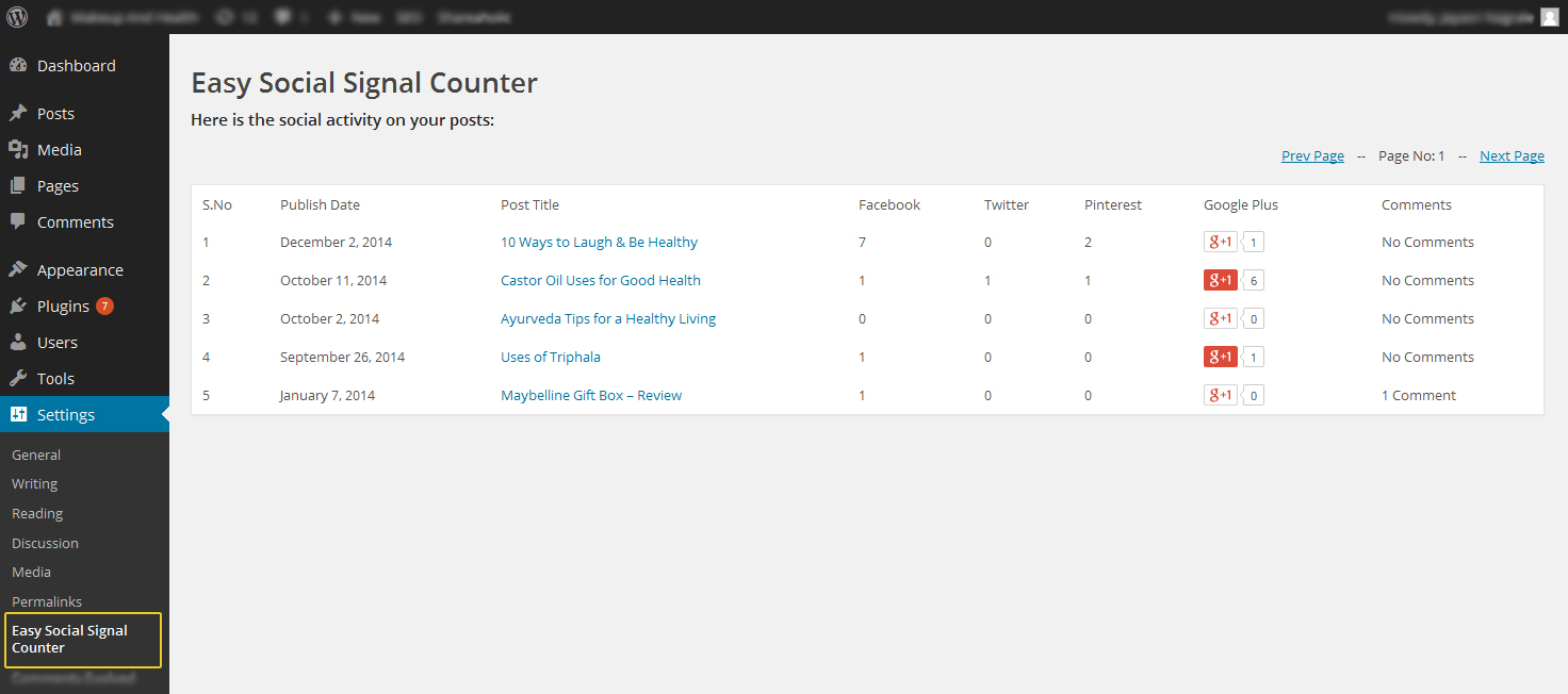 screenshot-1.jpg depicts the 'Easy Social Signal Counter' plugin in action. From the settings menu, you can find a sub-menu named Easy Social Signal Counter. Once selected, this page is shown wherein you can see the social activity on each of your blog posts.