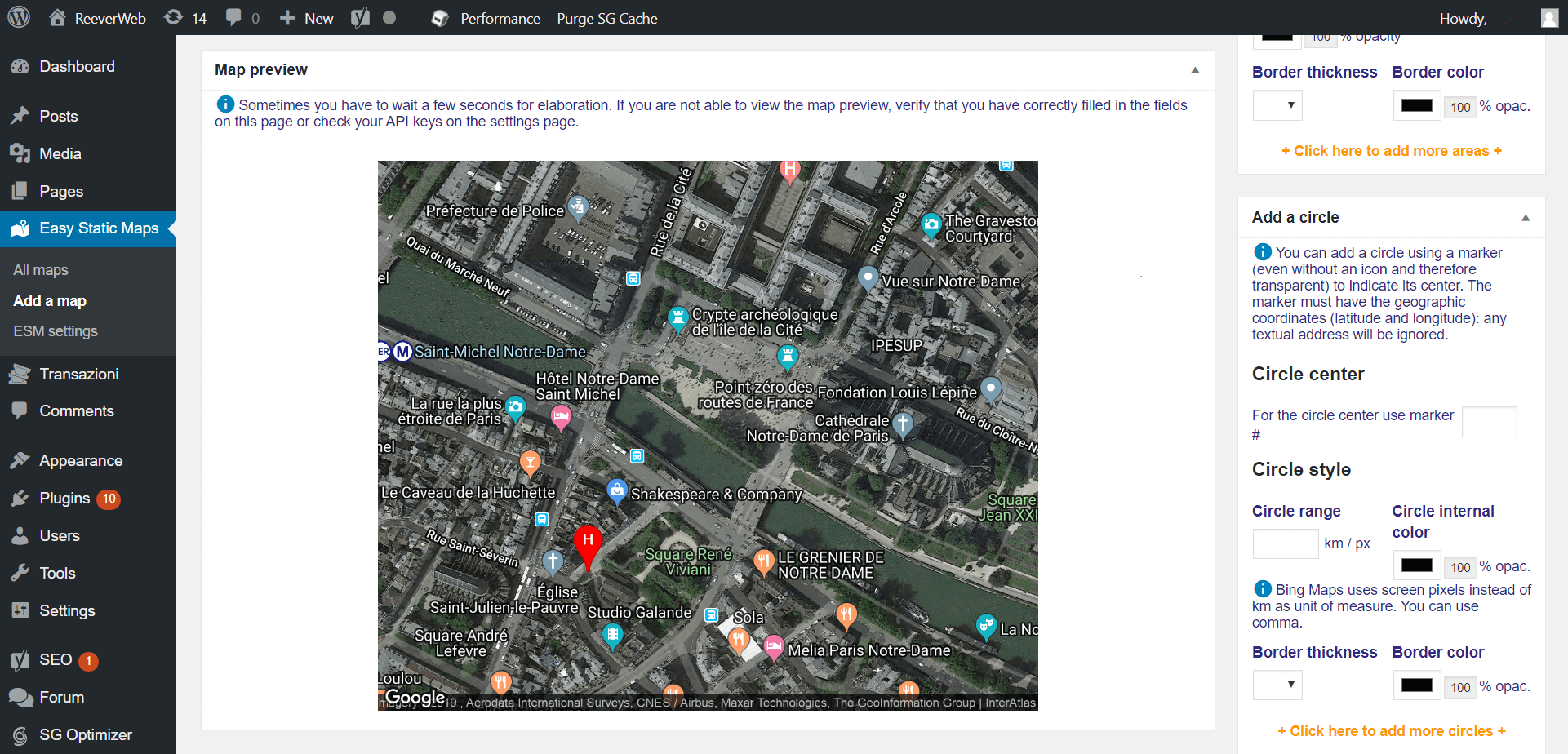 Position of a house for rent in Paris near Notre-Dame, on a hybrid map by Google Maps with the indication of the main points of interest and of the bus stops