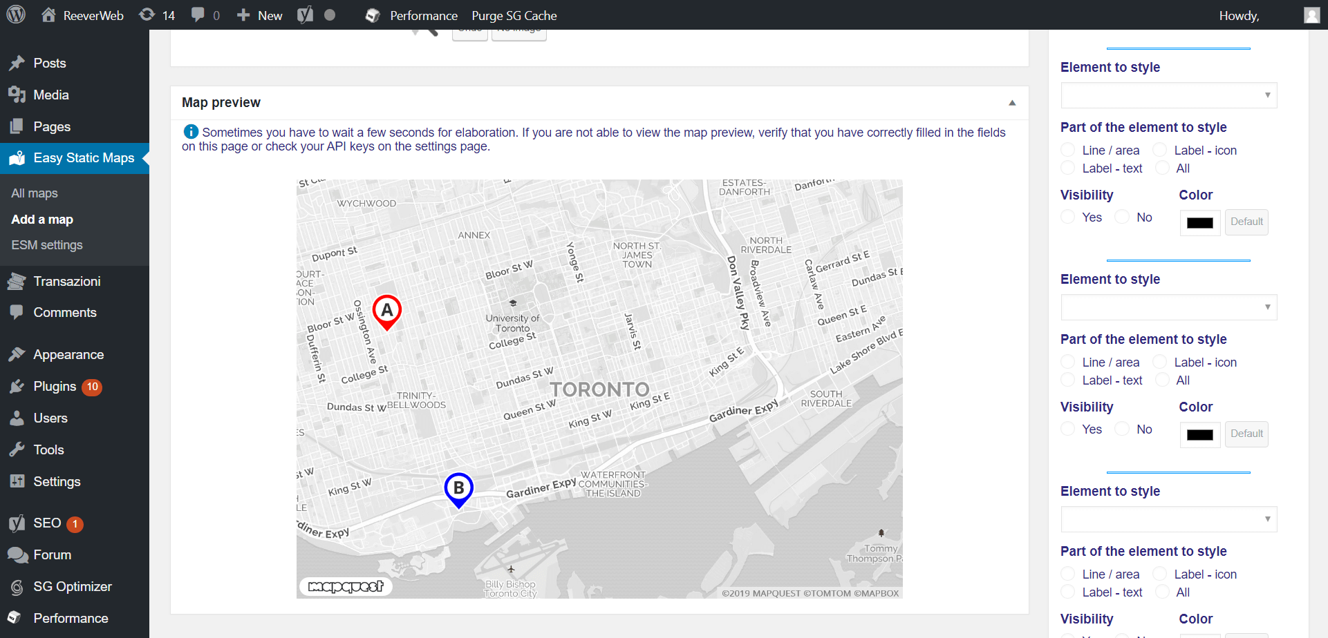 Two places highlighted in Toronto, on a light theme roadmap by OpenStreetMap - Mapquest