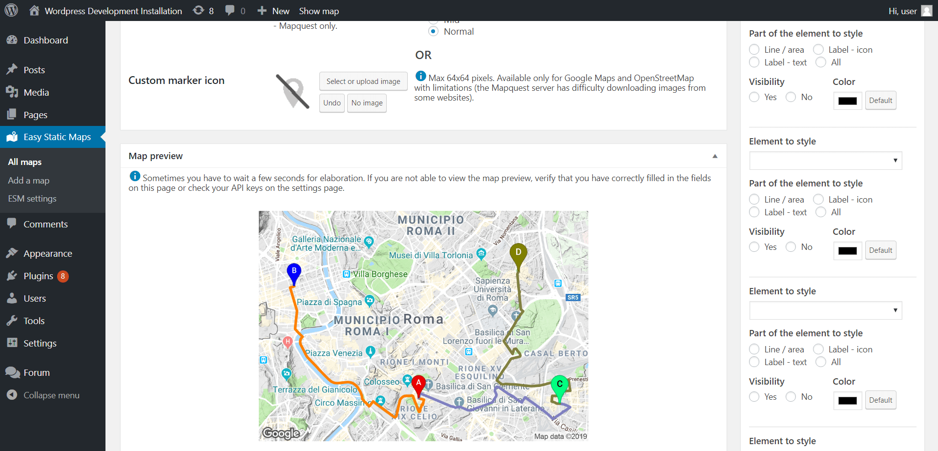 A tour of Rome in three stages, on a physical map by Google Maps (only with Easy Static Maps Ultimate)