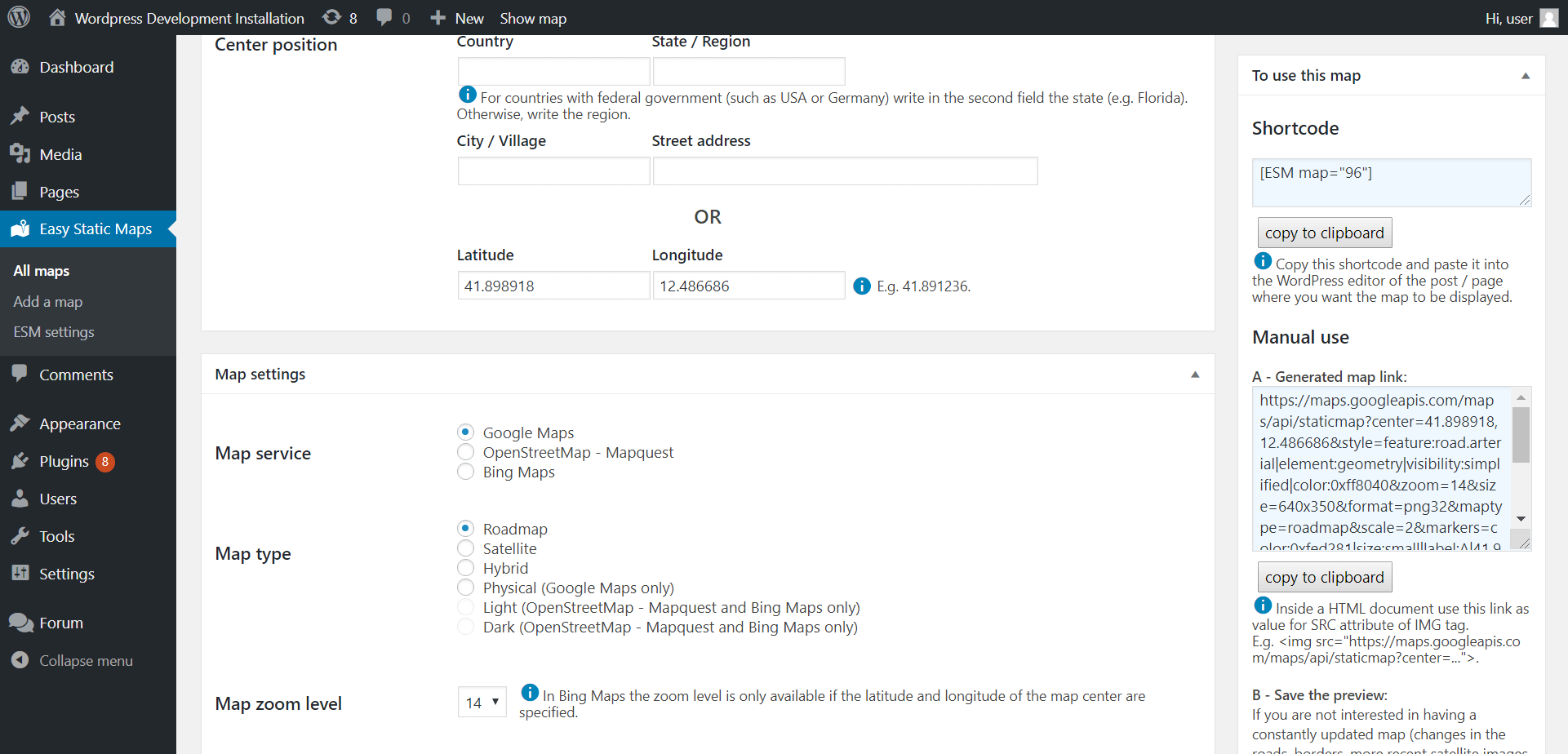 Some of the settings to create a new map